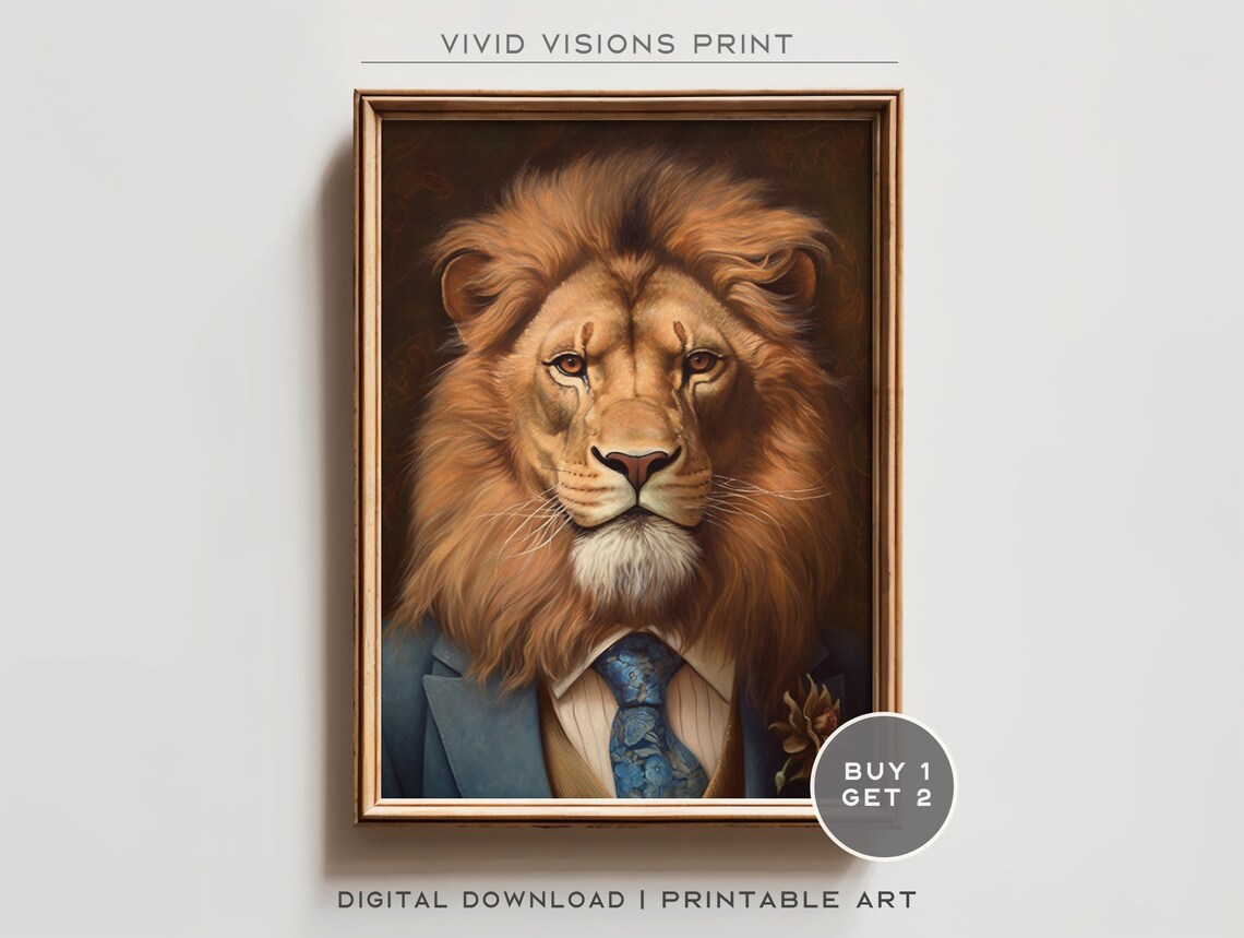 Lion in Blue Suit Dapper Gentleman Animal Portrait Art Poster
