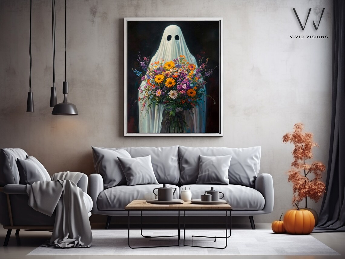 Ghost Holding A Wildflower Bouquet Poster Dark Floral Halloween Art - Image 3