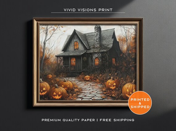 Rustic Cottage with Jack O Lanterns on Cobblestone Path Halloween Poster