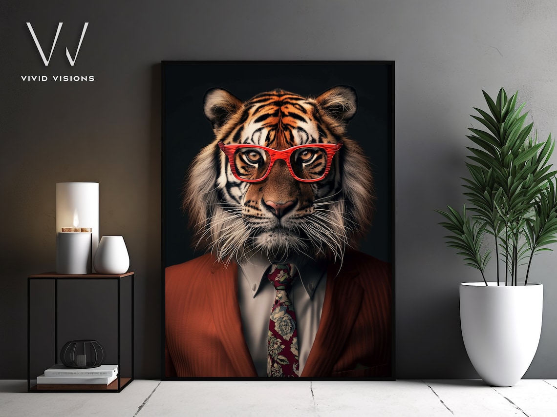 Dapper Tiger in Red Suit with Glasses Business Animal Portrait Poster
