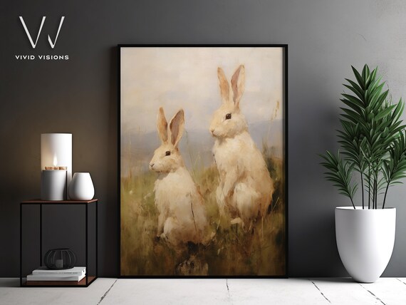 Two Cream Hares in Tall Golden Grass Vintage Spring Art Poster