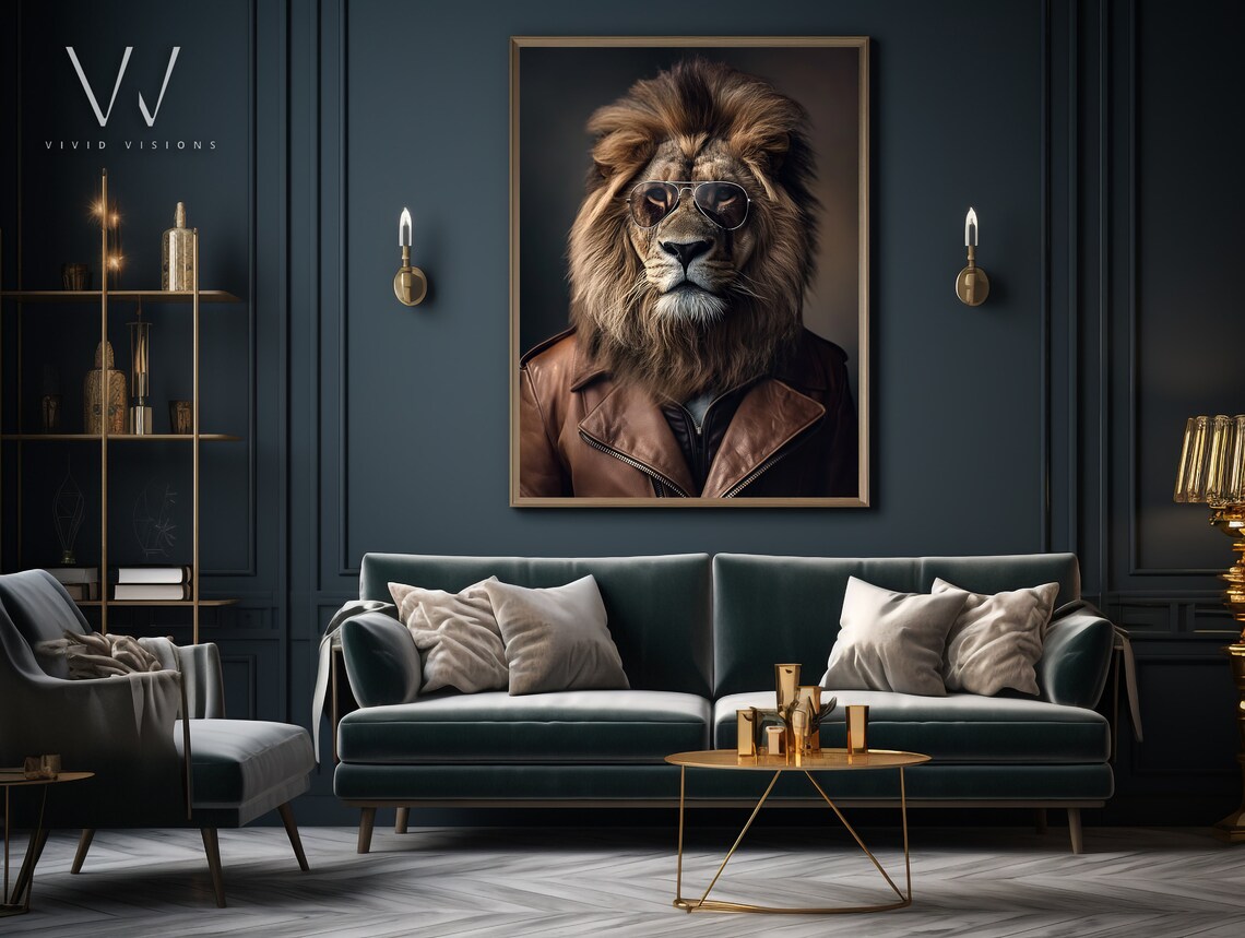 Lion in Brown Leather Jacket Aviator Sunglasses Rebel Animal Poster - Image 2