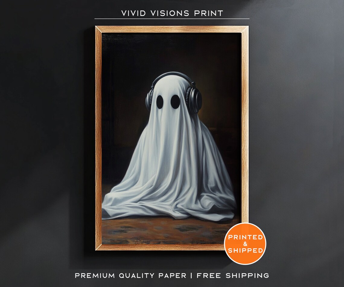 Ghost Wearing Headphones Poster Fun Music Lover Halloween Wall Decor