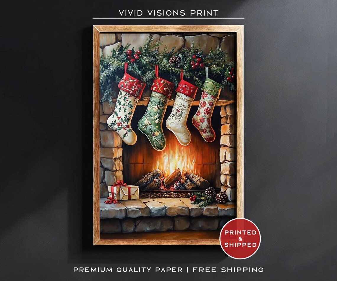 Christmas Stockings by Stone Fireplace Cozy Holiday Hearth Poster