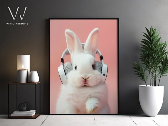 Adorable Bunny With Headphones, Modern Animal Art Print
