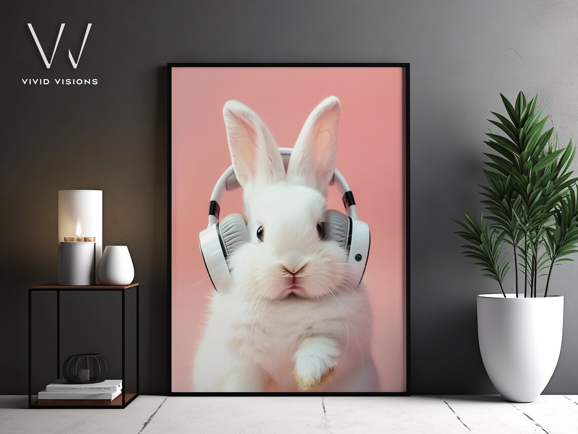 Adorable Bunny With Headphones, Modern Animal Art Print