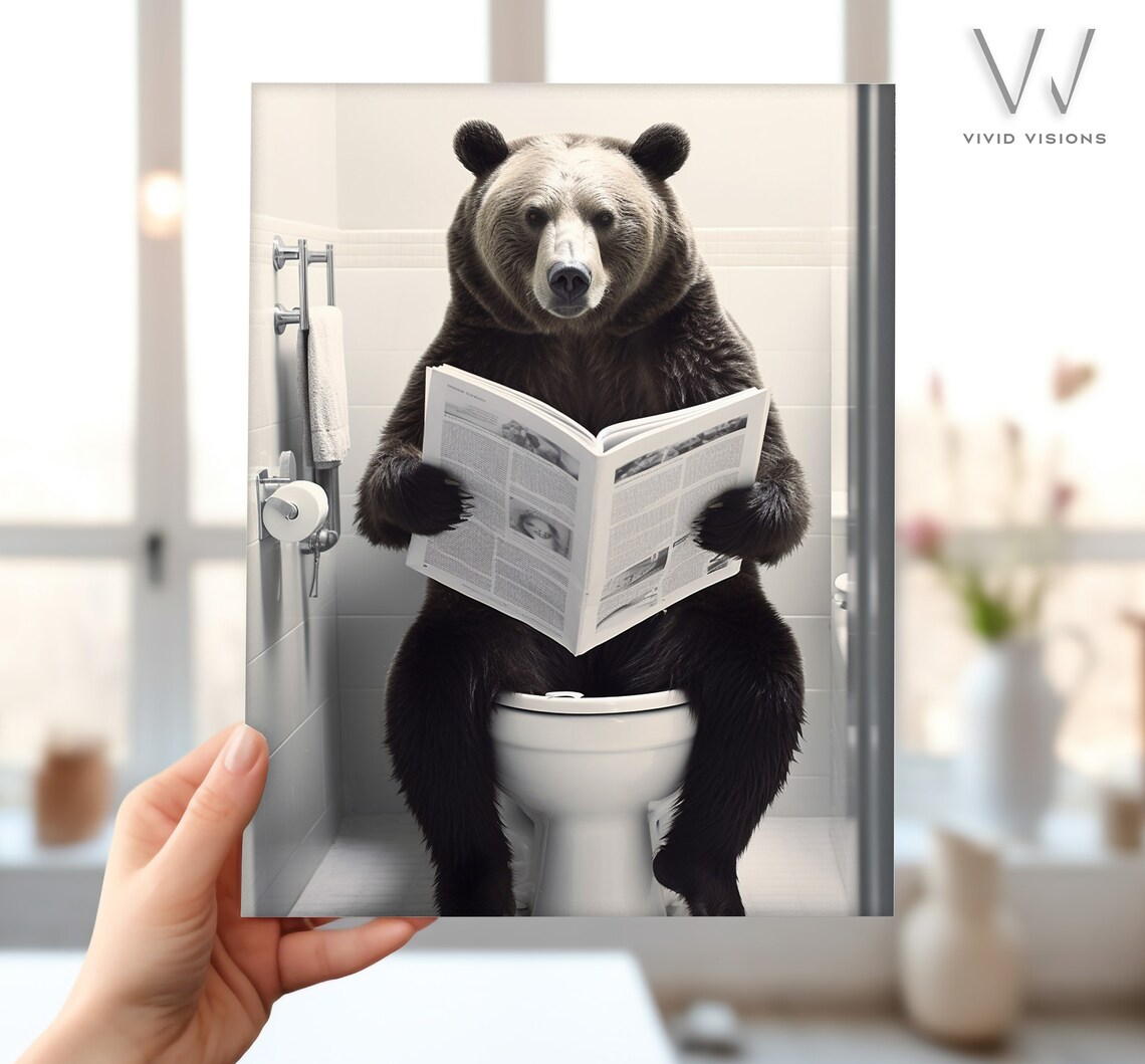 Bear Sitting On The Toilet Reading Rustic Bathroom Art - Image 4