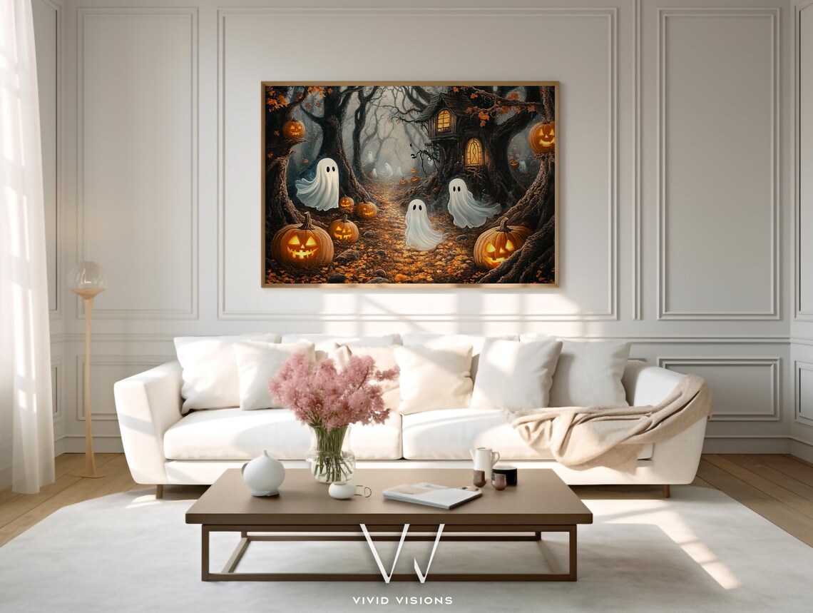 Haunted Forest Ghosts And Glowing Pumpkins Halloween Night Poster Art - Image 4