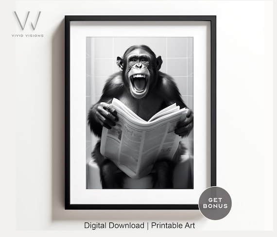 Black and White Laughing Monkey on the Toilet Funny Wall Poster