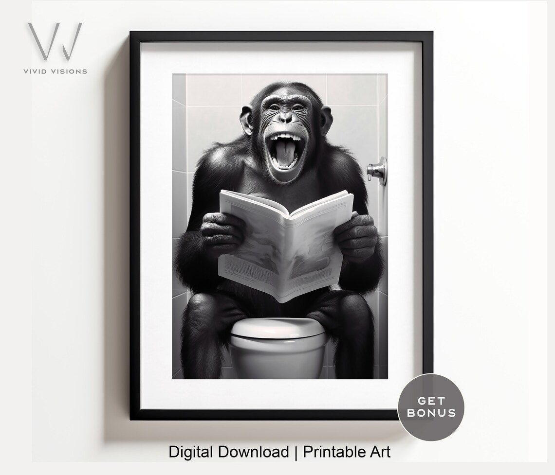 Laughing Chimp Reading Newspaper on the Toilet Funny Wall Poster
