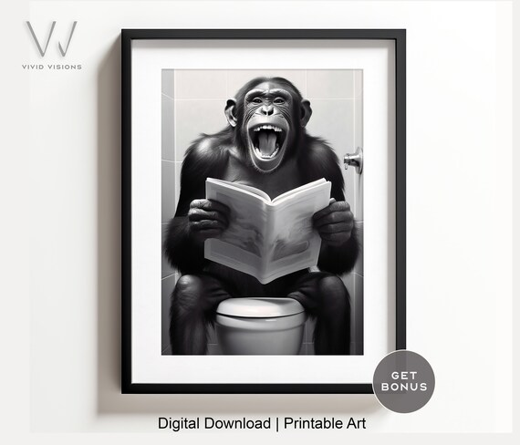 Laughing Chimp Reading Newspaper on the Toilet Funny Wall Poster