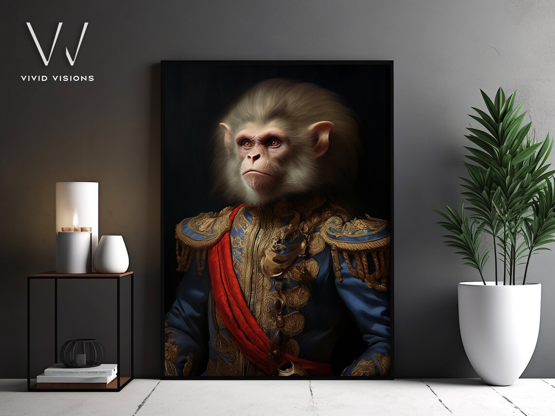 Monkey General Portrait Blue Military Uniform Red Sash Royal Poster