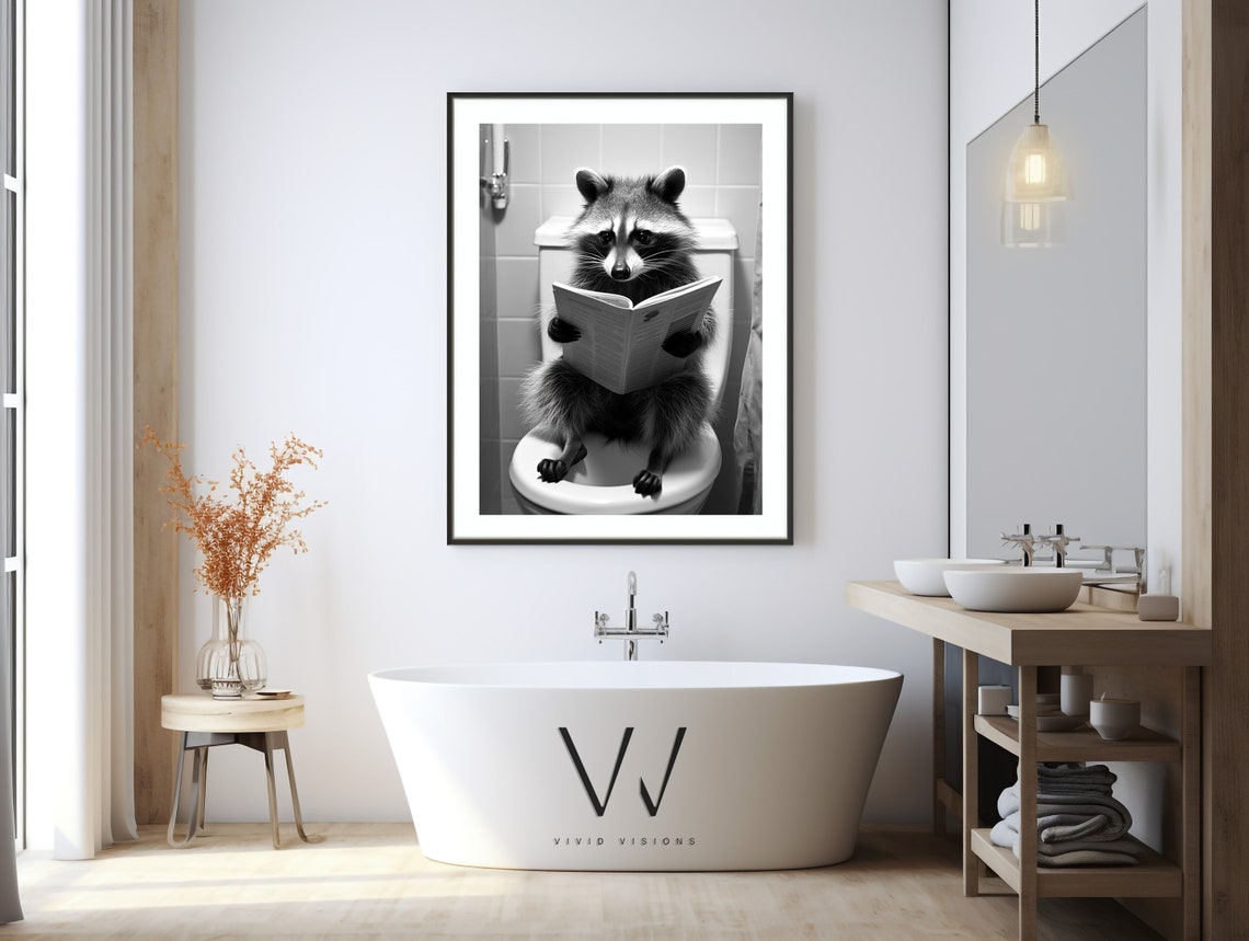 Black and White Raccoon Reading Newspaper on the Toilet Poster - Image 3