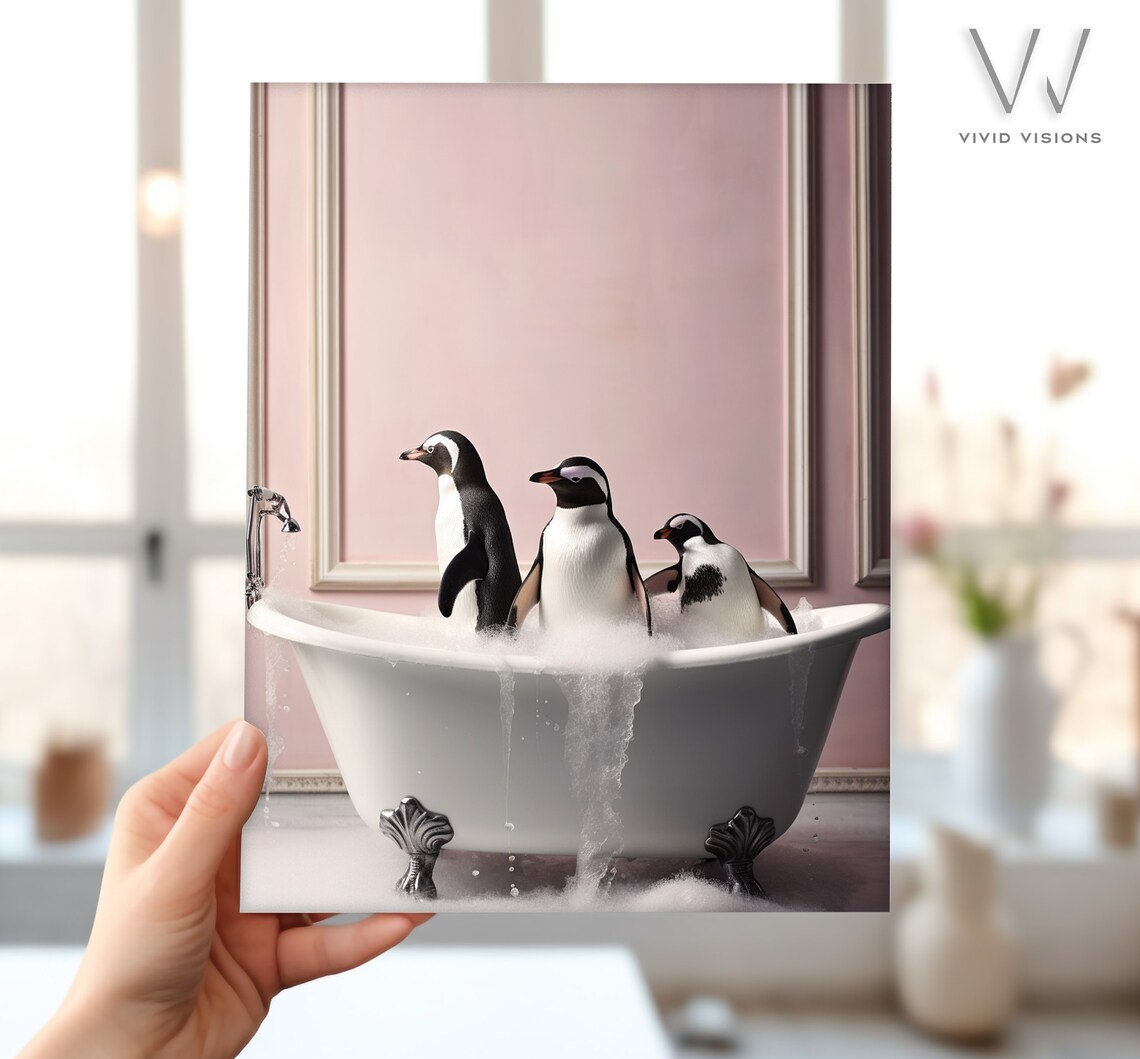 Penguins in a Vintage Bathtub, Rustic Bath Style - Image 4