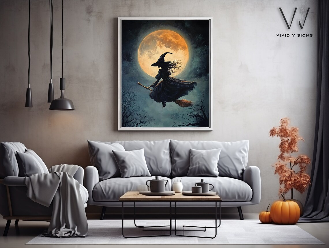 Witch Flying Past A Full Moon Poster Classic Halloween Silhouette Art - Image 3
