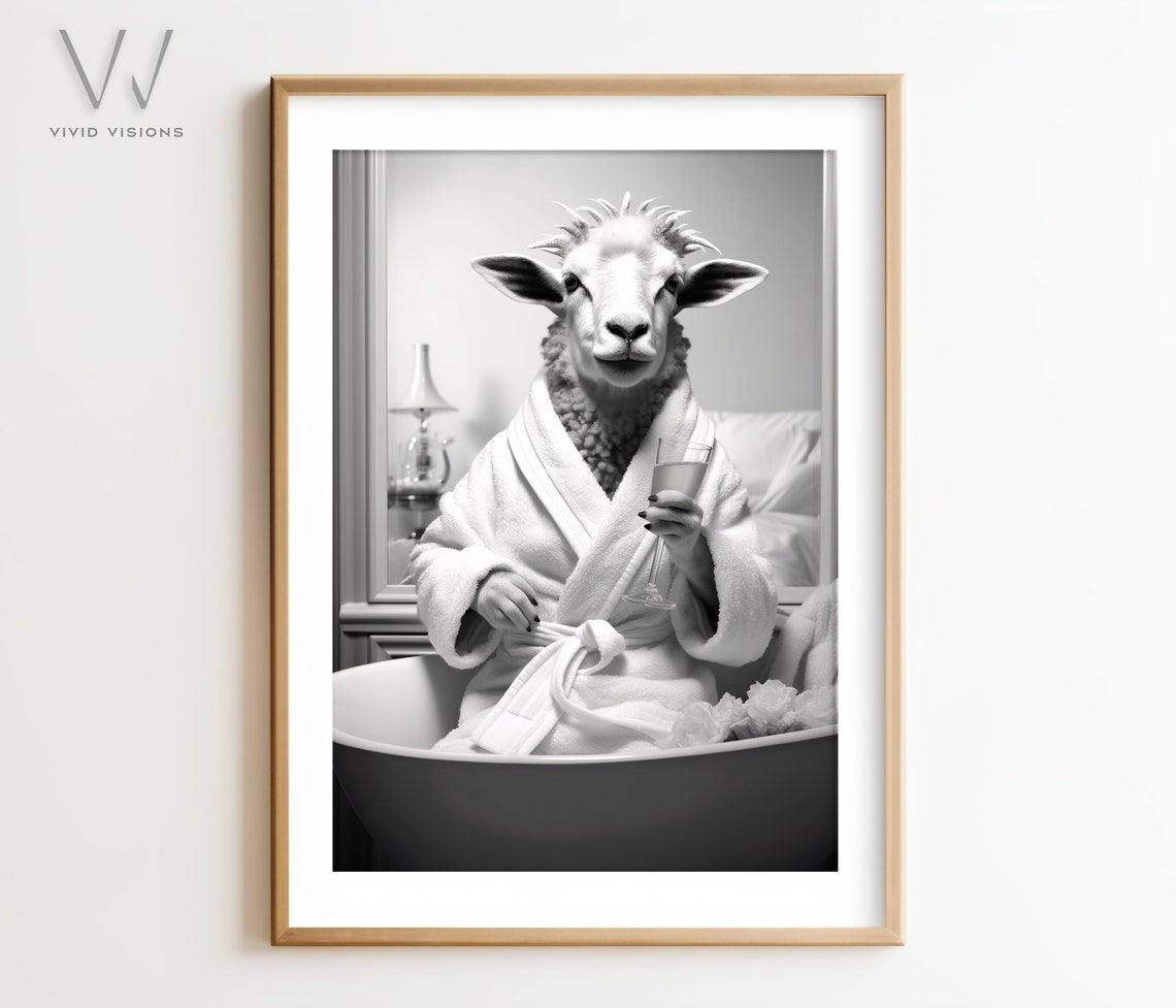 Funny Sheep in Bathrobe Relaxing With Wine in Bathtub Spa Poster