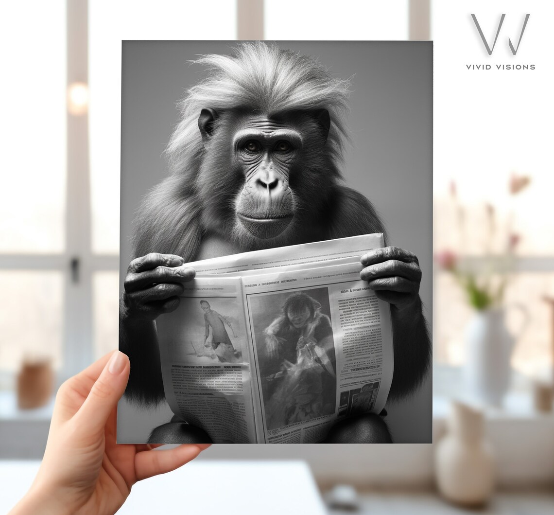 Orangutan Reading a Newspaper on the Toilet Black and White Poster - Image 3
