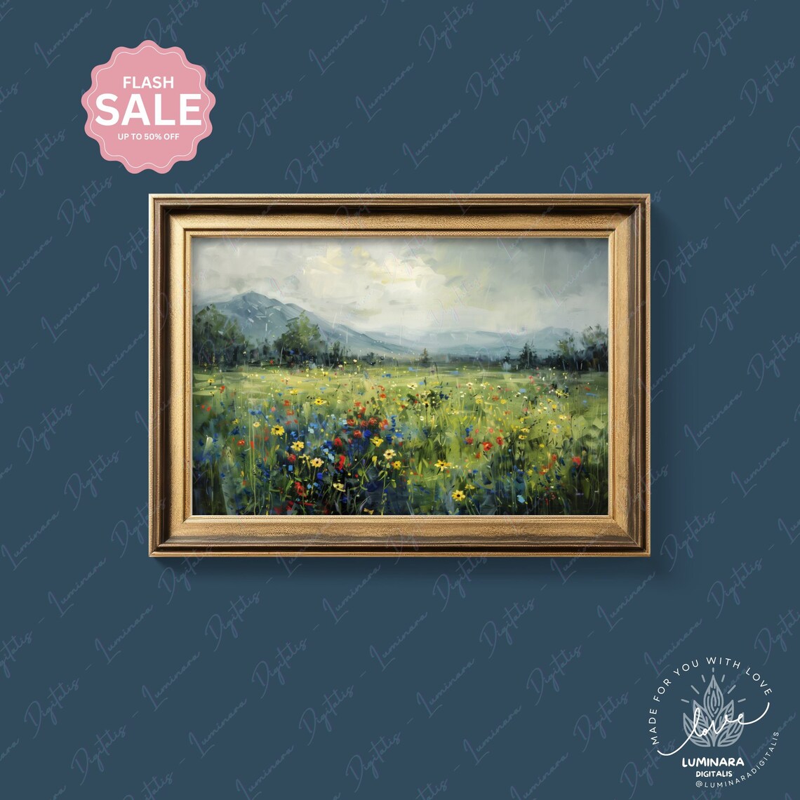 Rainy Meadow Of Wildflowers Beneath Misty Mountains Art Print - Image 4