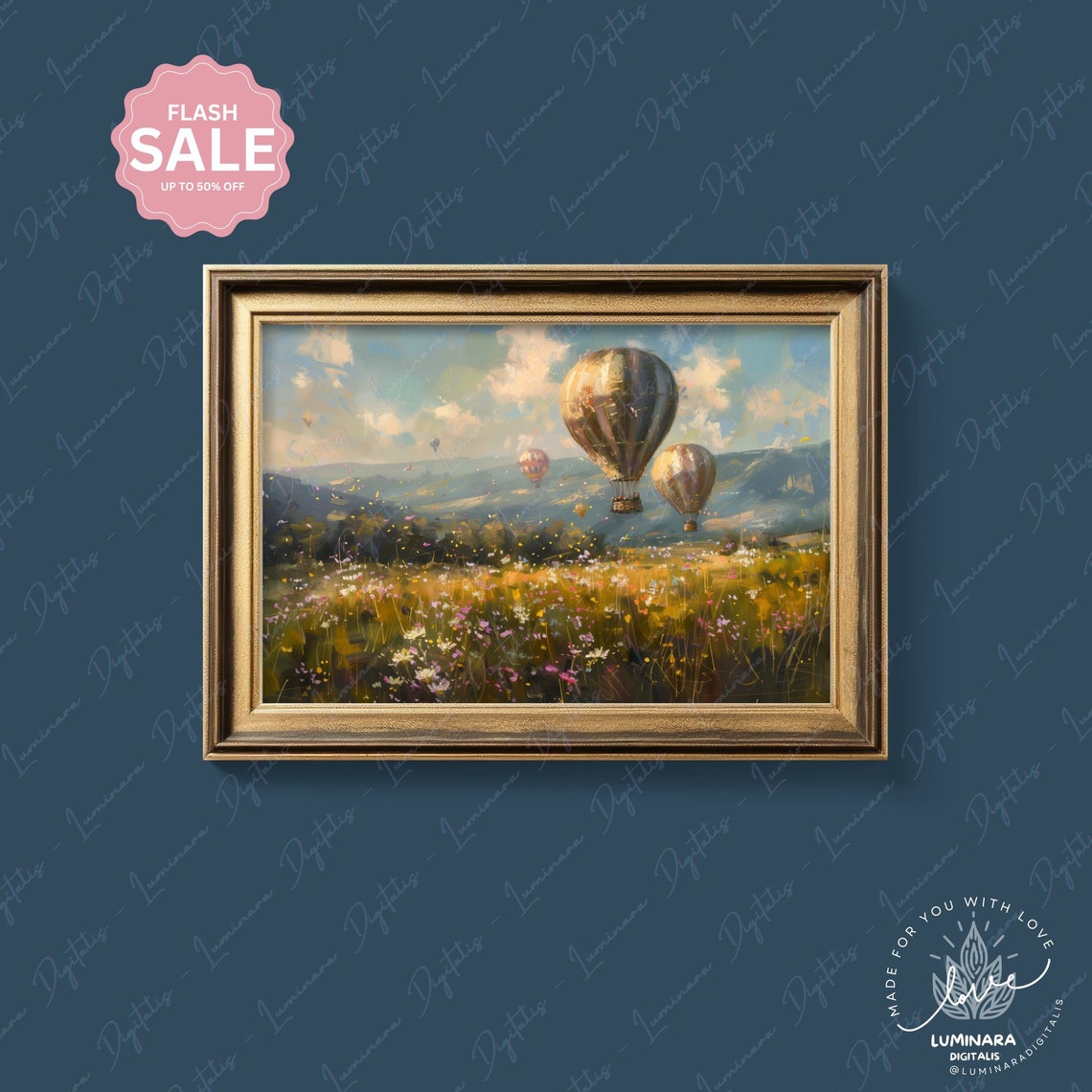 Golden Hour Hot Air Balloons Above Blooming Meadow Landscape Poster - Image 4