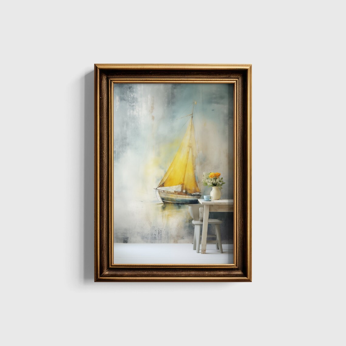 Dreamlike Sailboat With A Glowing Golden Sail Watercolor Print - Image 5