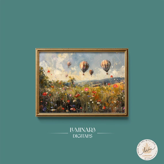 Hot Air Balloons Floating Over Summer Wildflower Meadow Poster