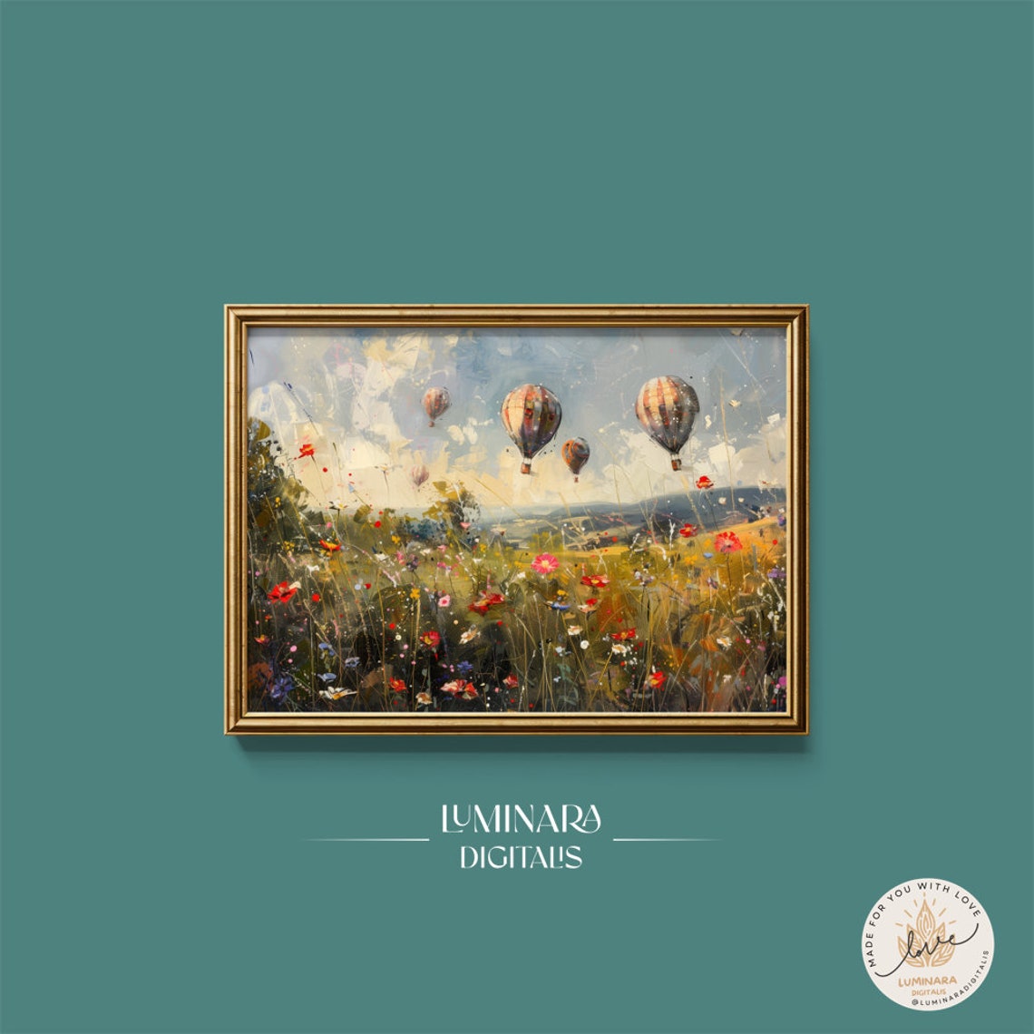 Hot Air Balloons Floating Over Summer Wildflower Meadow Poster