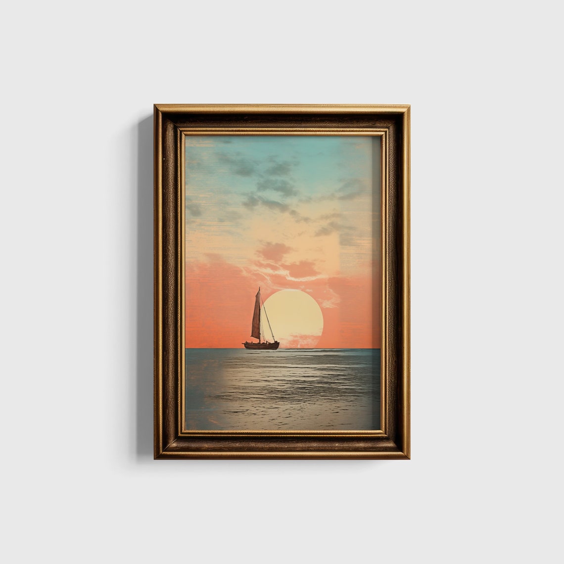 Lone Sailboat Sailing At Sunset Beneath A Giant Golden Sun Poster - Image 5