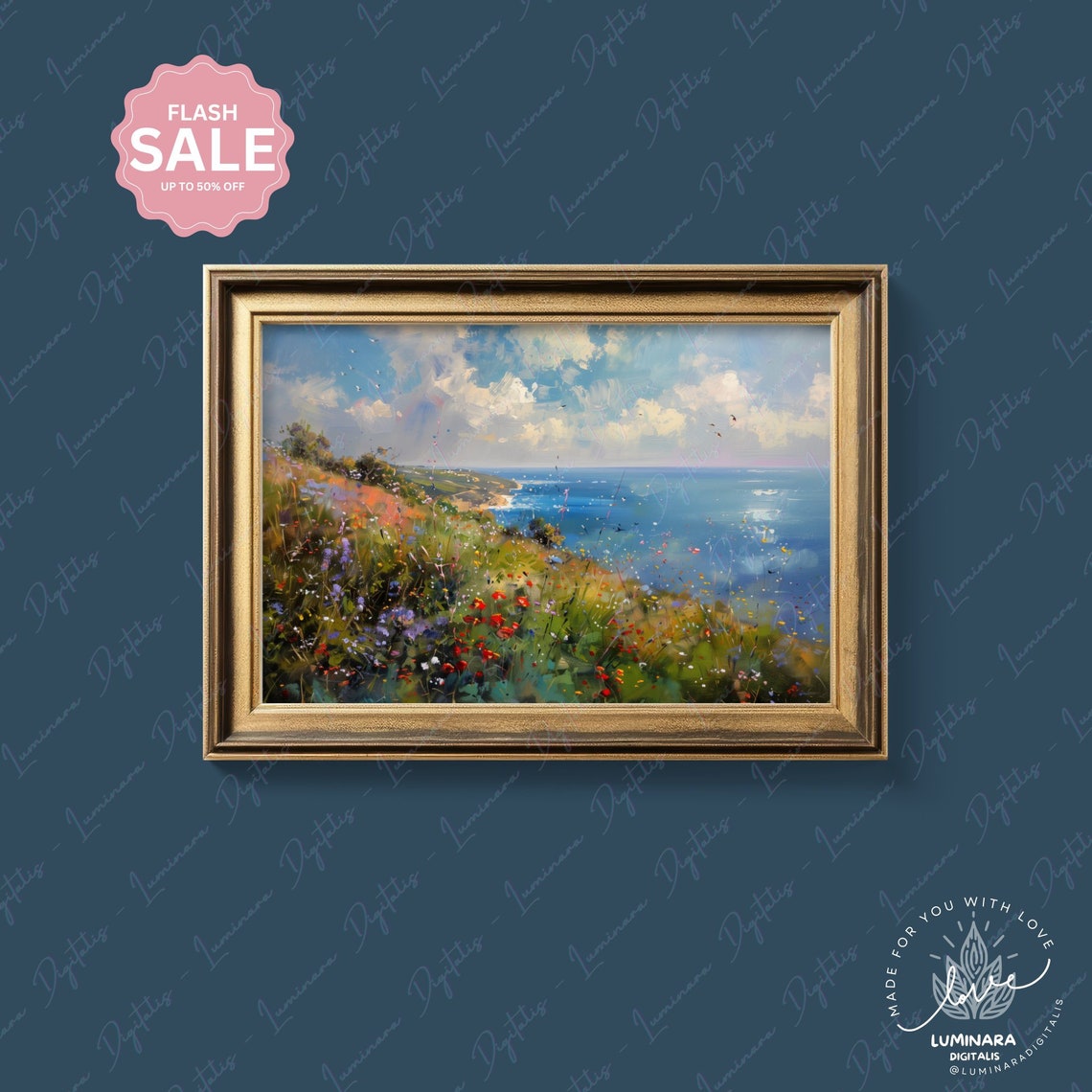 Wildflower Hillside Sloping Down To A Sparkling Blue Sea Art Print - Image 4