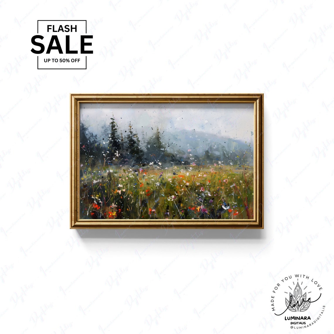 Misty Pine Forest Edge Above A Wildflower Meadow Impressionist Poster - Image 3