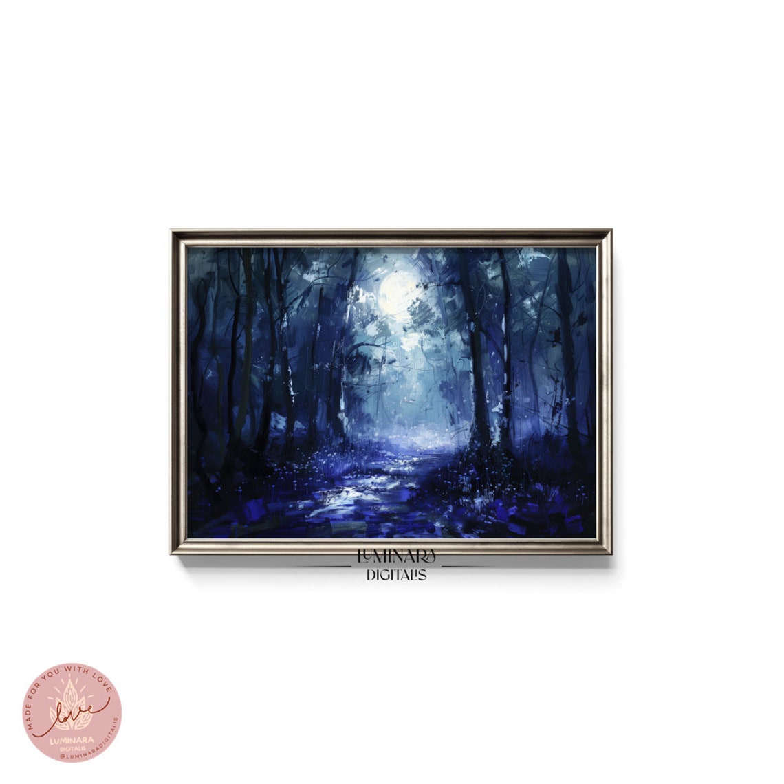 Moonlit Bluebell Forest At Night Deep Blue Woodland Art Poster - Image 5