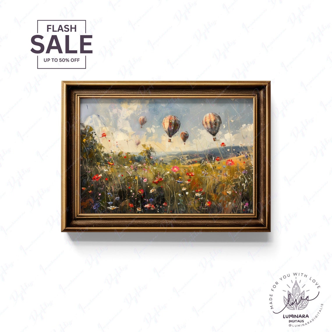 Hot Air Balloons Floating Over Summer Wildflower Meadow Poster - Image 2