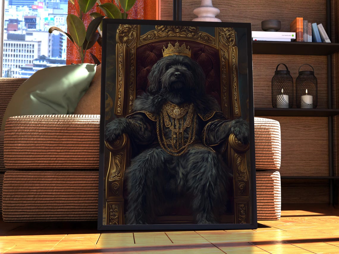 Black Fluffy Dog Royal Crown Throne Portrait Poster Pet Decor