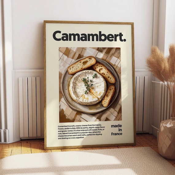 Camembert French Cheese Poster Baked Wheel with Bread Kitchen Gift Art