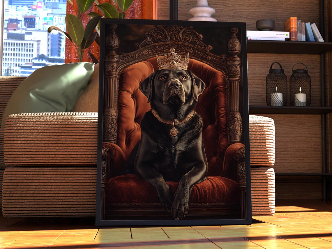 Black Labrador Royal Portrait Crown Dog King Canvas Wall Art