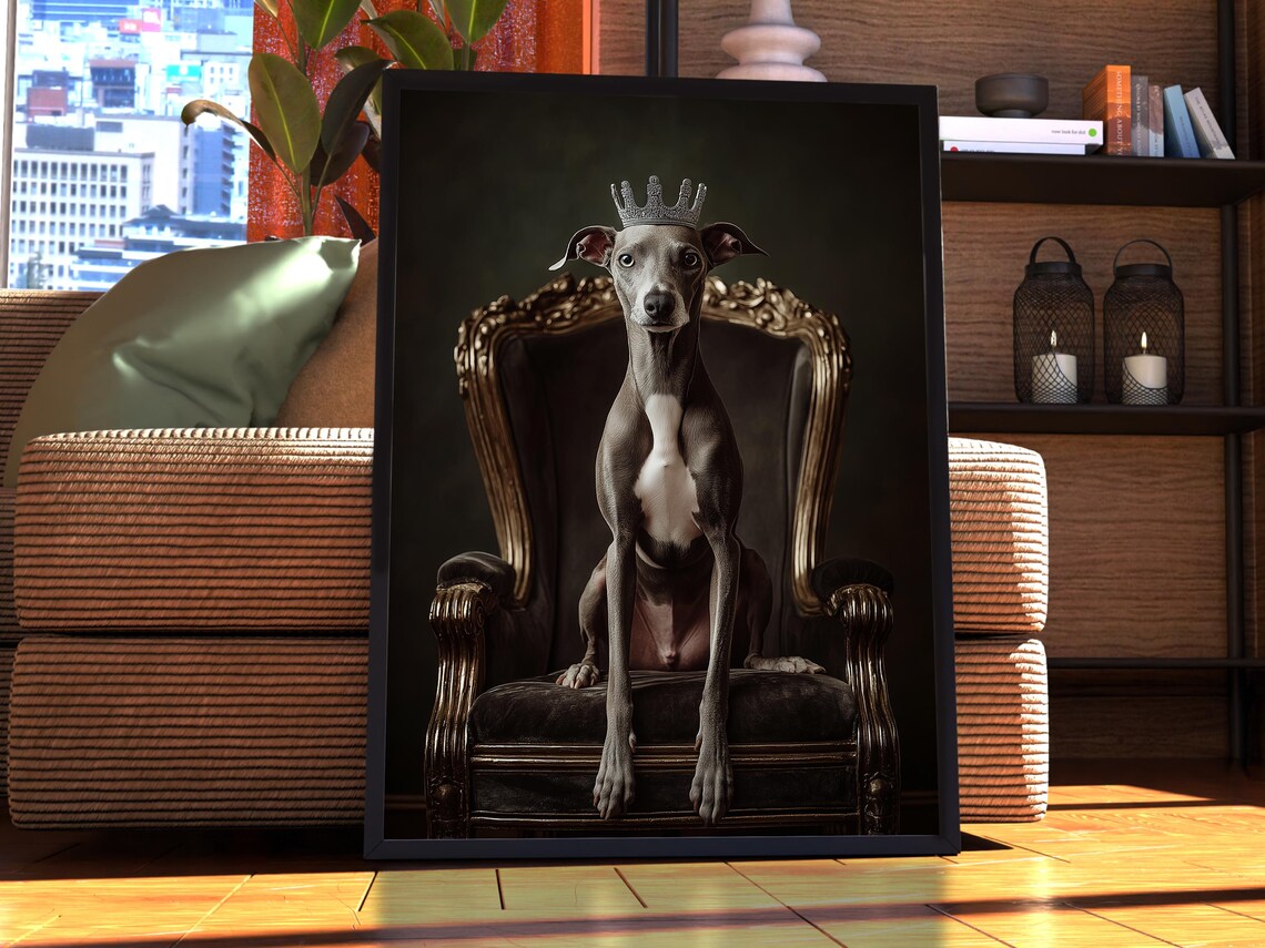 Elegant Greyhound Royal Portrait Crowned Dog on Ornate Chair Poster