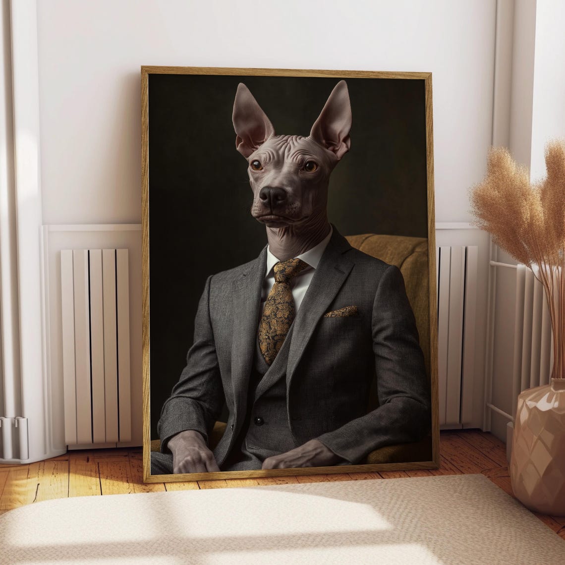 Xoloitzcuintli Hairless Dog in a Grey Suit Unique Pet Portrait Poster