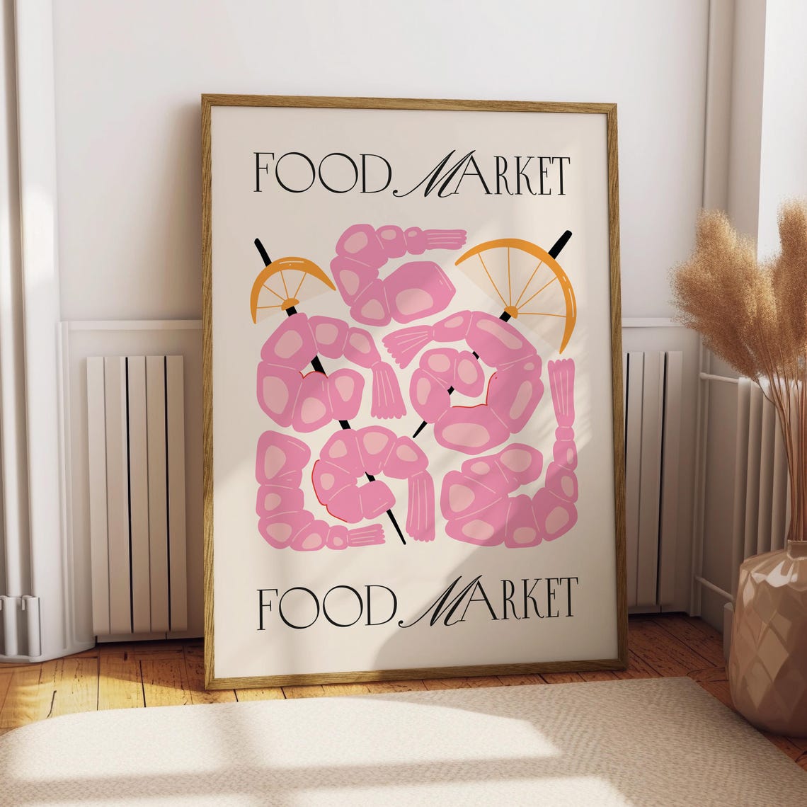 Shrimp Skewers Food Market Pink Seafood Kitchen Poster Artwork