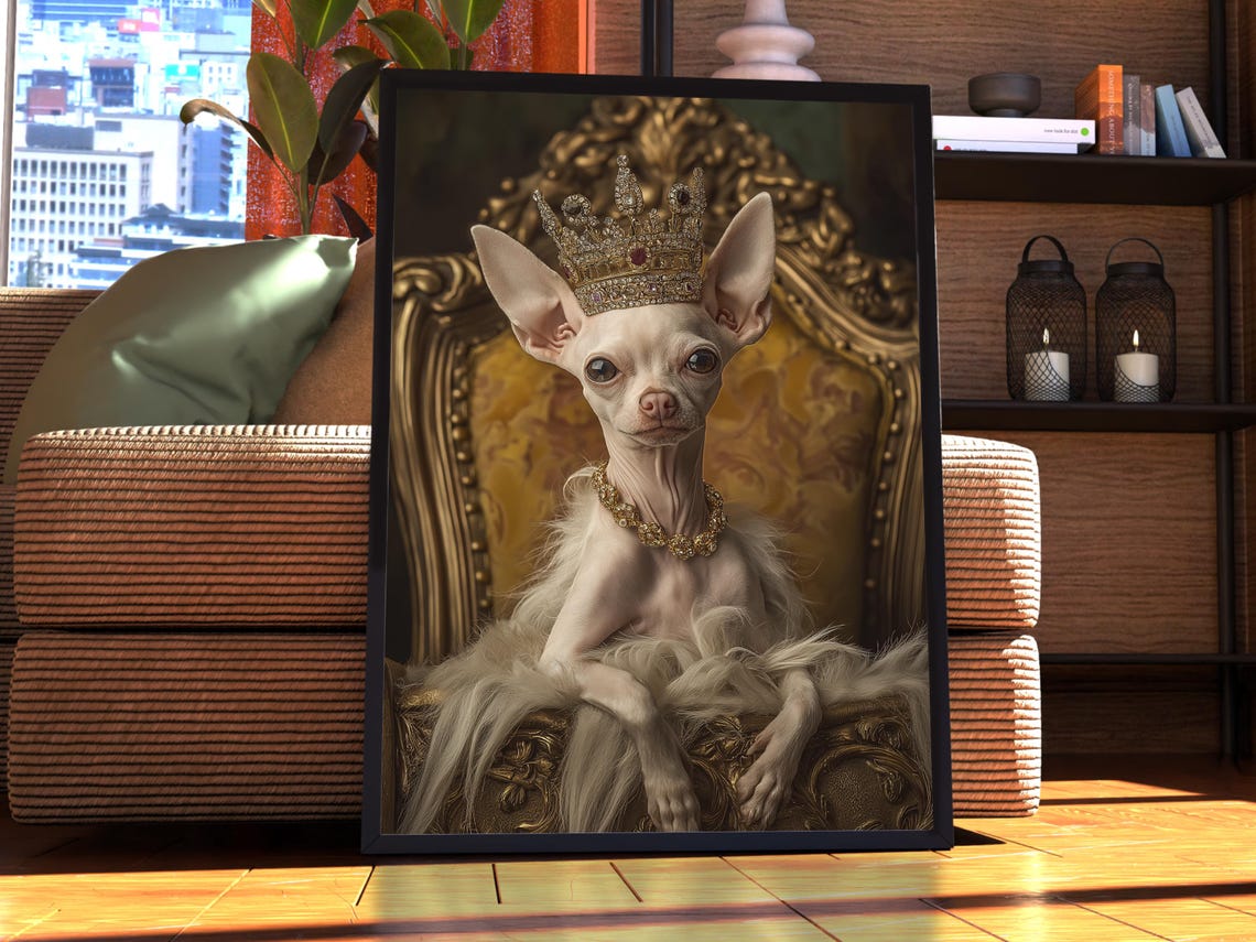 Chinese Crested Royal Portrait Crowned Dog on Golden Throne Poster