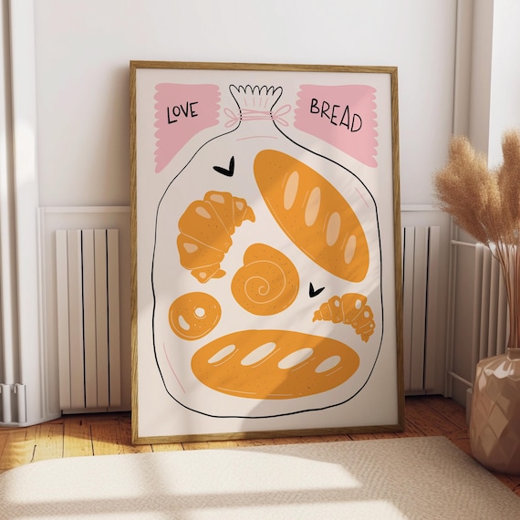 Love Bread Bakery Bag Croissant Baguette Cute Kitchen Decor Poster