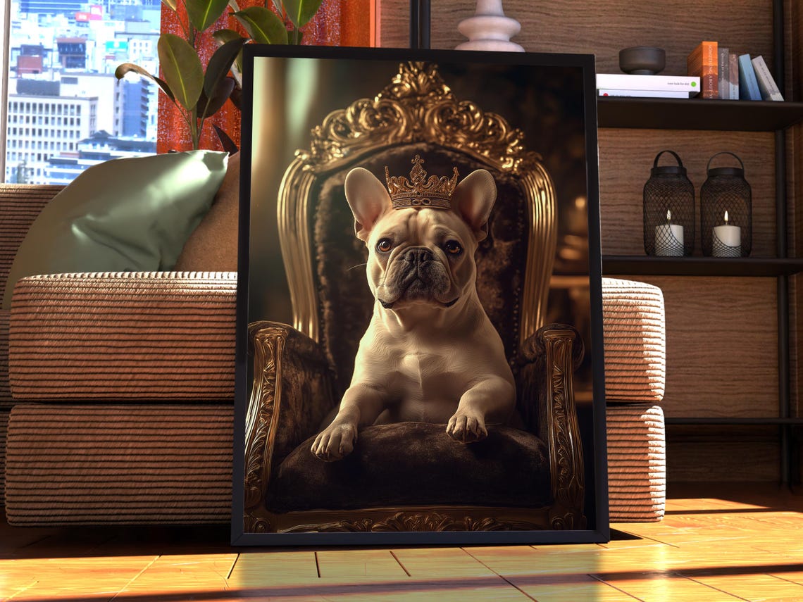 French Bulldog Royal Crown Throne Portrait Pet Lover Art Print
