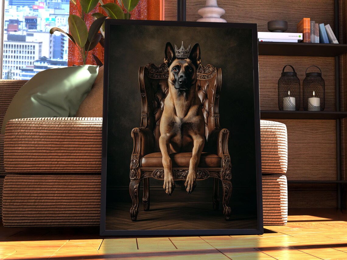 Belgian Malinois Royal Crown Portrait Dog Poster Regal Throne Art