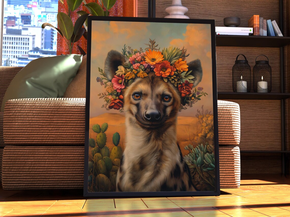 Hyena Floral Crown Desert Portrait Golden Safari Animal Poster