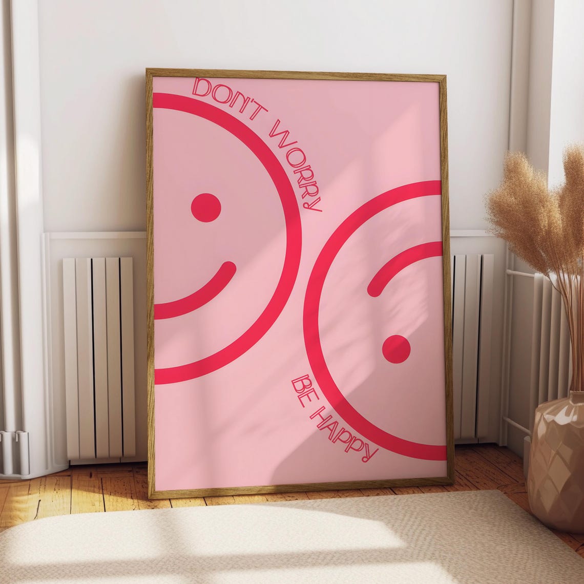 Dont Worry Be Happy Pink Smiley Face Retro Motivational Quote Poster
