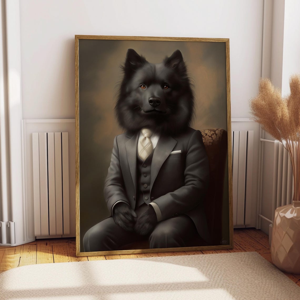 Elegant Fluffy Black Dog in Dark Suit Gentleman Portrait Poster