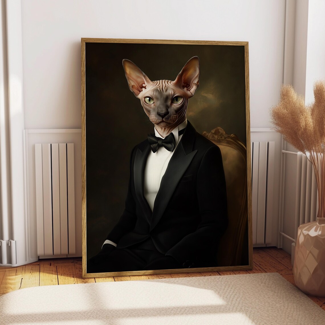 Sphynx Cat in Black Tuxedo Elegant Pet Portrait Funny Animal Poster