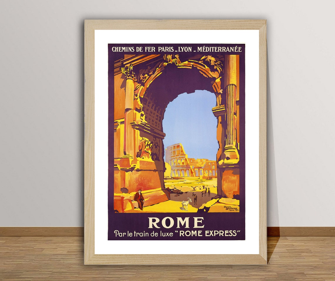 Rome Express Luxury Train Vintage Italy Colosseum Travel Poster