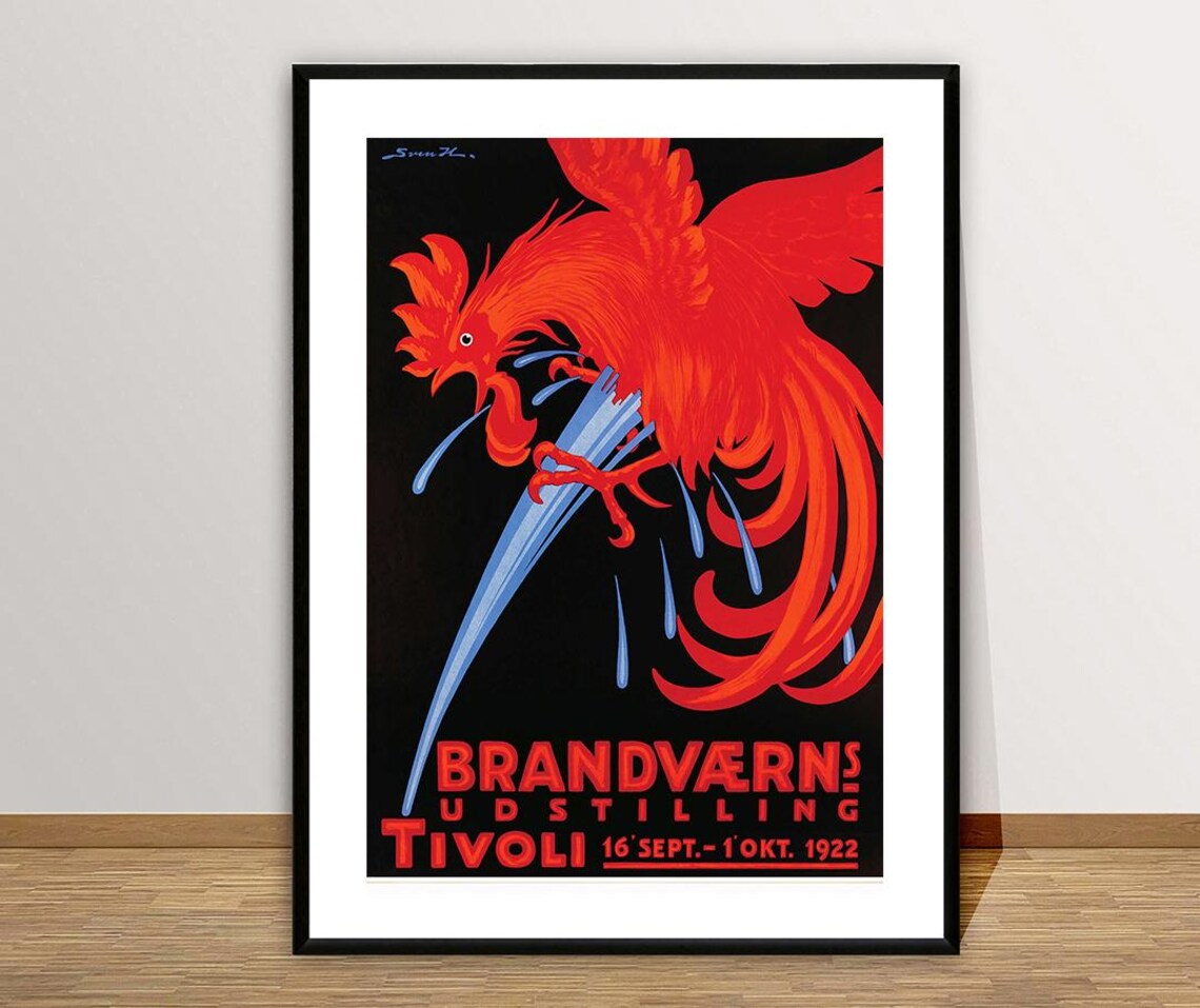 Brandvaerns Udstilling Tivoli 1922 Red Rooster Fire Exhibition Poster - Image 2