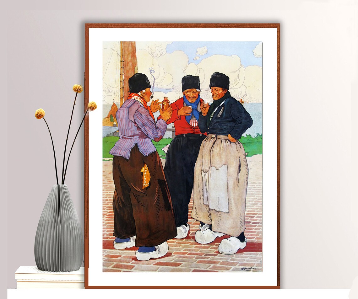 Three Dutch Fishermen Sharing a Drink Vintage Harbor Scene Poster