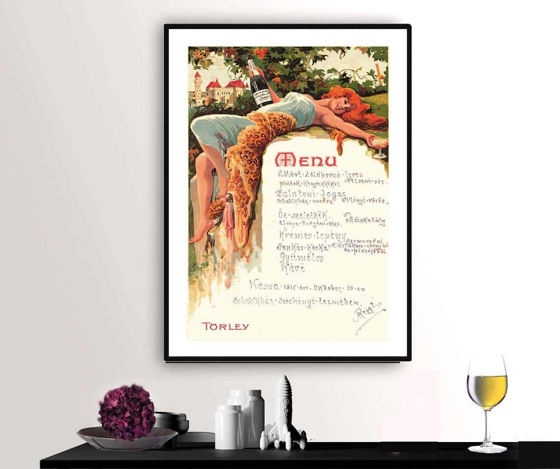 Torley Champagne Vintage Hungarian Menu Card Poster Celebration Art