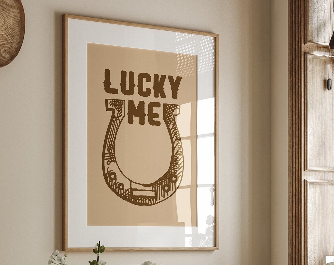 Lucky Me Horseshoe Tan Western Typography Good Luck Quote Wall Art